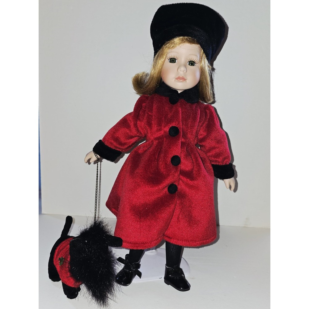 Avon 2000 Source of Fine Collectibles Porcelain Doll Red Coat Scottie Dog 16in